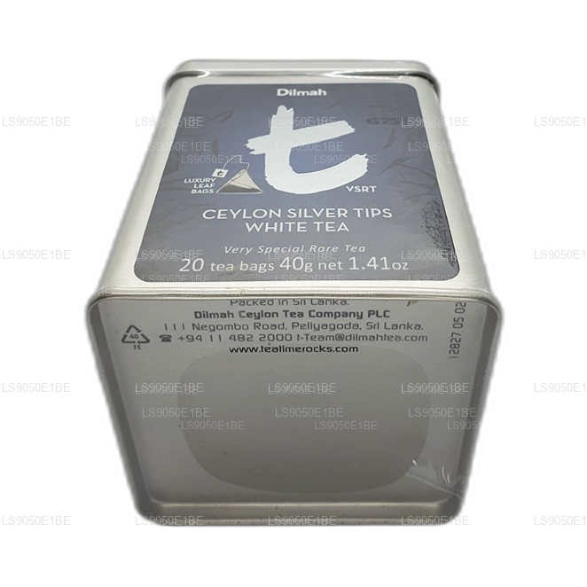 Tarro de té blanco Dilmah serie T VSRT de Ceilán con puntas plateadas (40 g), hojas sueltas