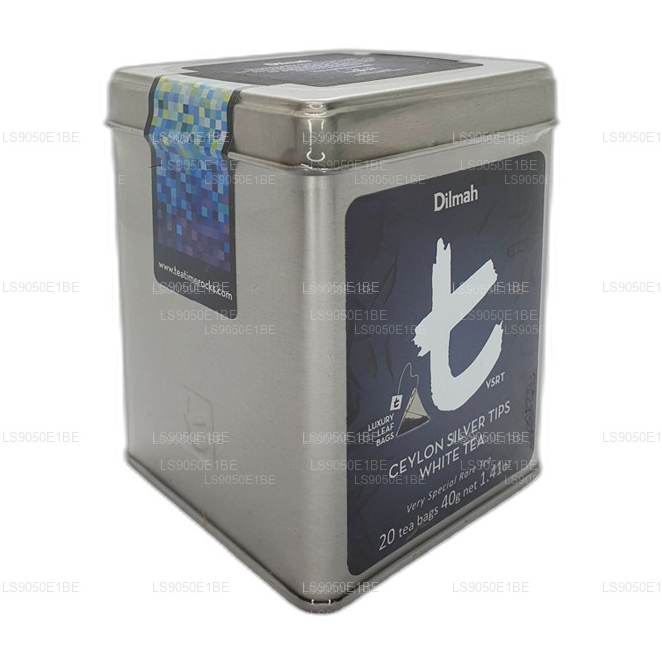 Tarro de té blanco Dilmah serie T VSRT de Ceilán con puntas plateadas (40 g), hojas sueltas