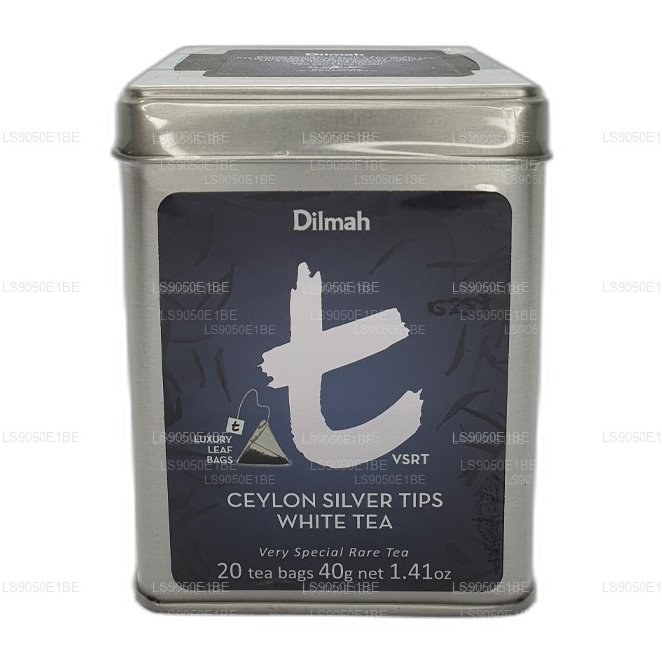 Tarro de té blanco Dilmah serie T VSRT de Ceilán con puntas plateadas (40 g), hojas sueltas