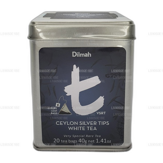 Tarro de té blanco Dilmah serie T VSRT de Ceilán con puntas plateadas (40 g), hojas sueltas