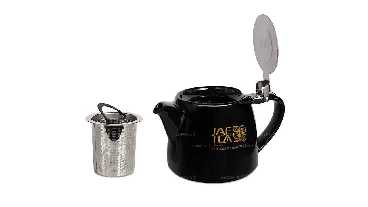 Tetera de porcelana Jaf Tea, color negro brillante, tipo tocón, con infusor de acero inoxidable