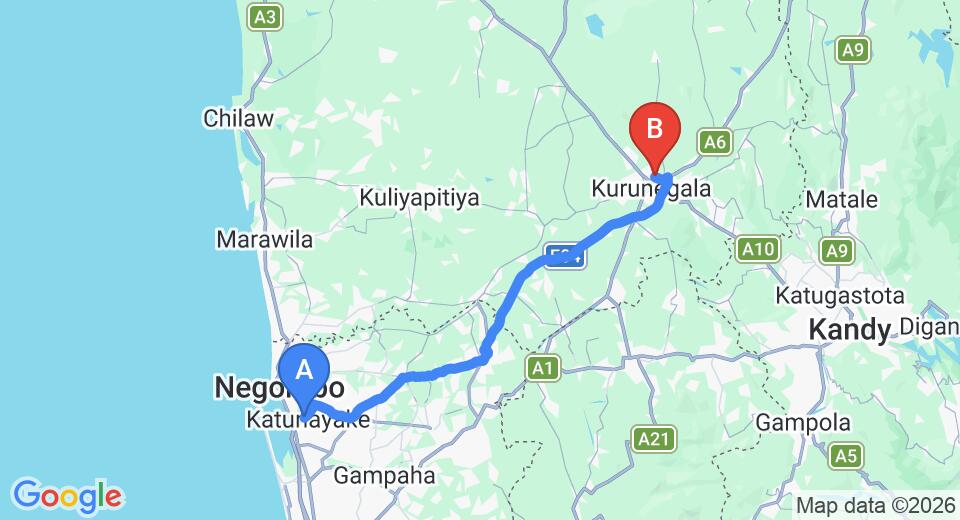 Driving route map: Colombo Airport (CMB) to Hotel Diya Dahara, Kurunegala (78 km, approx 1 h 39 min private transfer)