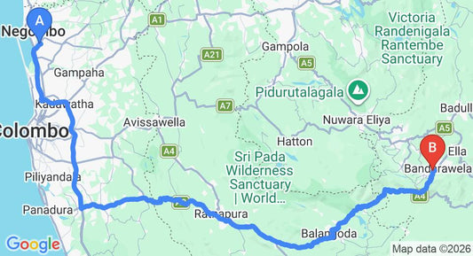 Driving route map: Colombo Airport (CMB) to MF Estate Holiday Bungalow, Bandarawela (217 km, approx 5 h 15 min private transfer)