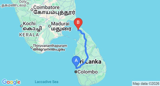 Driving route map: Colombo Airport (CMB) to Jaffna (373 km, approx 7 h 16 min private transfer)