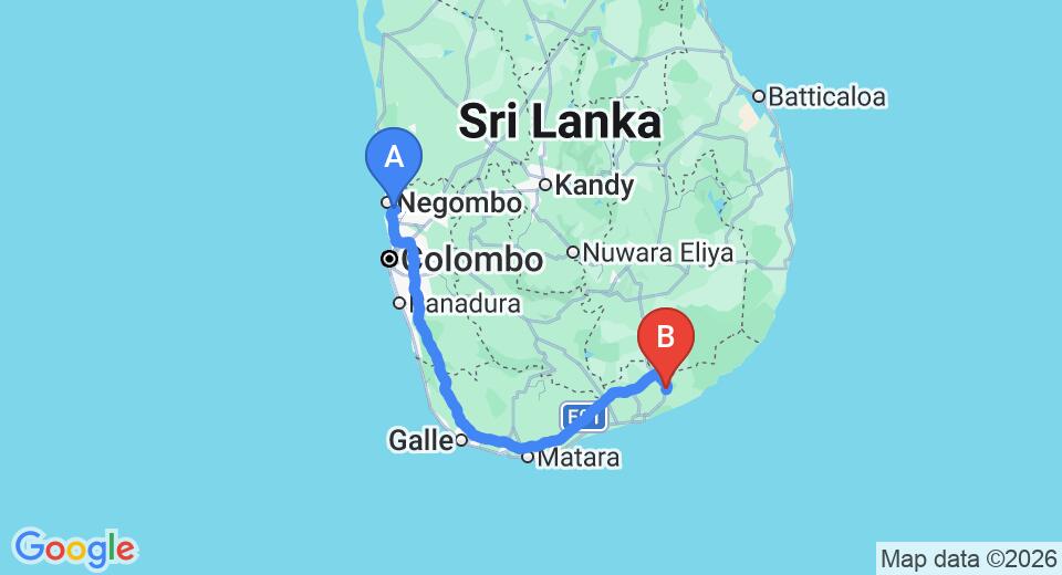 Driving route map: Colombo Airport (CMB) to Flameback Eco Lodge, Weerawila (274 km, approx 3 h 35 min private transfer)