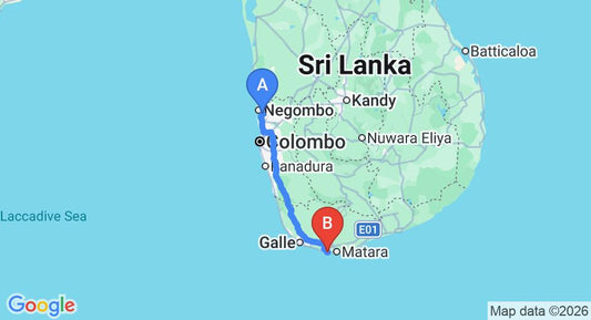 Driving route map: Colombo Airport (CMB) to Amarasinghe Guest House, Mirissa (177 km, approx 2 h 35 min private transfer)