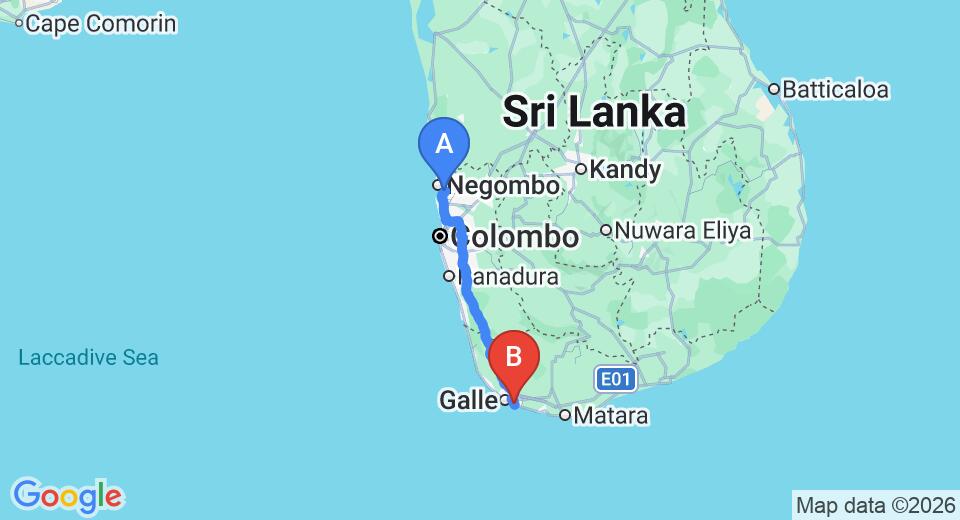 Driving route map: Colombo Airport (CMB) to Why House Resort, Talpe (154 km, approx 2 h 11 min private transfer)