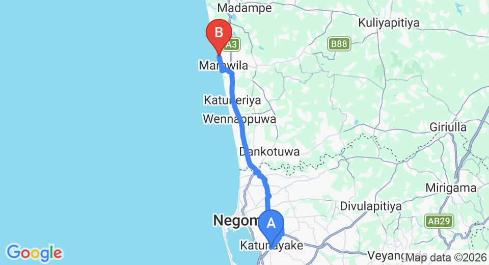 Driving route map: Colombo Airport (CMB) to Hotel Villa Viana, Marawila (35 km, approx 1 h 4 min private transfer)