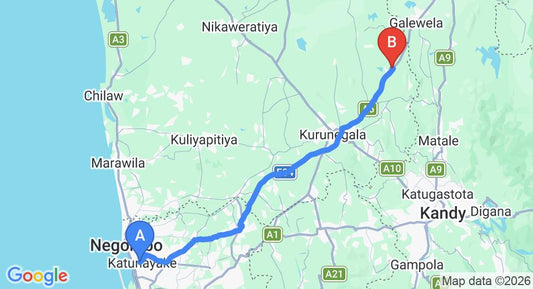 Driving route map: Colombo Airport (CMB) to Melsiripura (98 km, approx 2 h 8 min private transfer)
