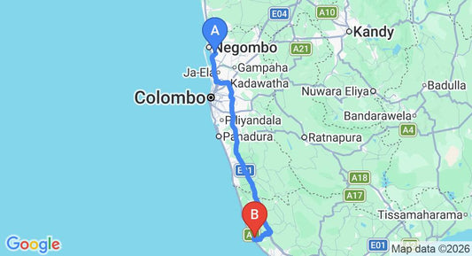 Driving route map: Colombo Airport (CMB) to 33 Lake Terrace, Hikkaduwa (145 km, approx 2 h 12 min private transfer)