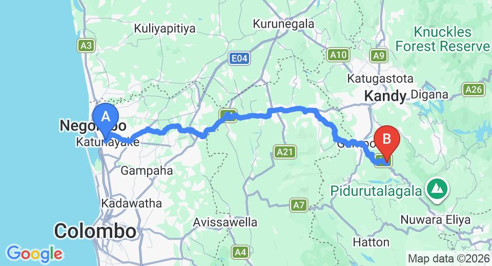 Driving route map: Colombo Airport (CMB) to Ayr, Pussellawa (121 km, approx 3 h 39 min private transfer)
