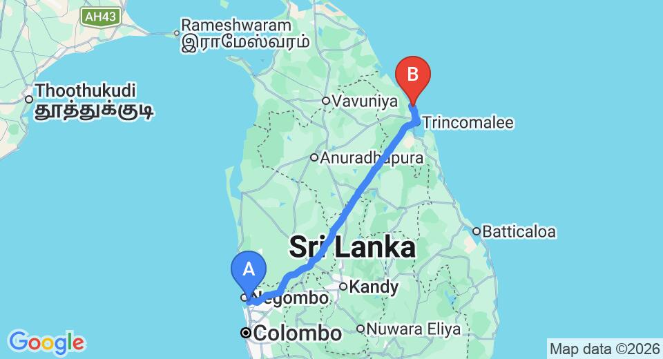 Driving route map: Colombo Airport (CMB) to Nilaveli Beach Hotel, Trincomalee (254 km, approx 5 h 15 min private transfer)