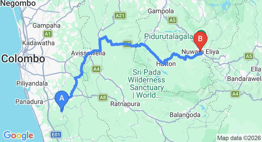 Driving route map: Yala to Nuwara Eliya (155 km, approx 4 h 44 min private transfer)