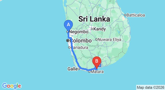 Driving route map: Colombo Airport (CMB) to Bungalow with outdoor bathroom in ayurveda retreat, Tangalle (213 km, approx 2 h 55 min private transfer)