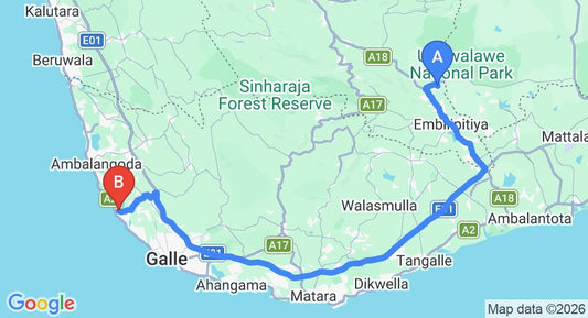 Driving route map: Udawalawe to Hikkaduwa (144 km, approx 2 h 17 min private transfer)
