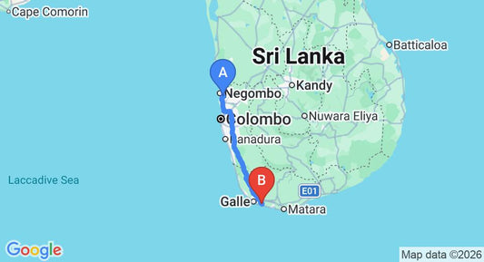 Driving route map: Colombo Airport (CMB) to Pooja Kanda, Koggala (157 km, approx 2 h 18 min private transfer)