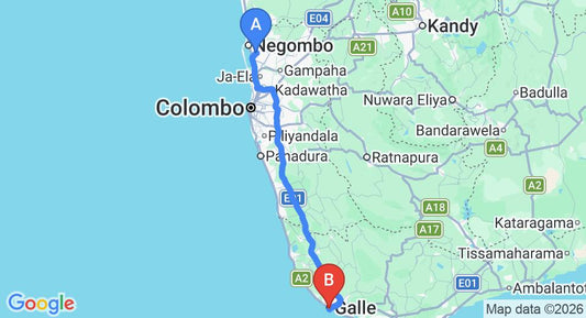 Driving route map: Colombo Airport (CMB) to Fort Dew Guest House, Galle (153 km, approx 2 h 13 min private transfer)