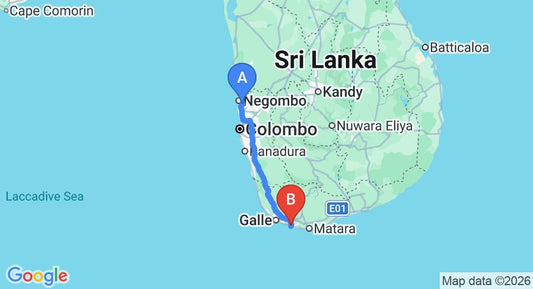 Driving route map: Colombo Airport (CMB) to Indisch, Ahangama (165 km, approx 2 h 21 min private transfer)
