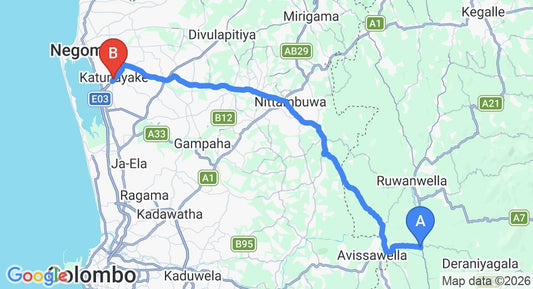 Driving route map: Dehiowita to Colombo Airport (CMB) (60 km, approx 1 h 44 min private transfer)