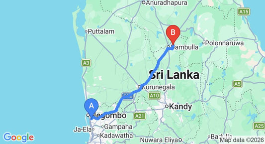 Driving route map: Colombo Airport (CMB) to Amaya Signature, Sigiriya (138 km, approx 3 h 1 min private transfer)