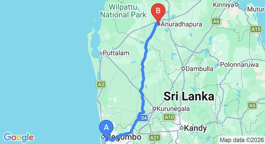 Driving route map: Colombo Airport (CMB) to Hotel White House, Anuradhapura (173 km, approx 3 h 44 min private transfer)