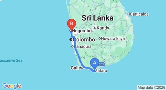 Driving route map: Gandara to Colombo Airport (CMB) (188 km, approx 2 h 41 min private transfer)