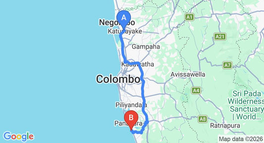 Driving route map: Colombo Airport (CMB) to Life Ayurveda Resort, Wadduwa (80 km, approx 1 h 26 min private transfer)