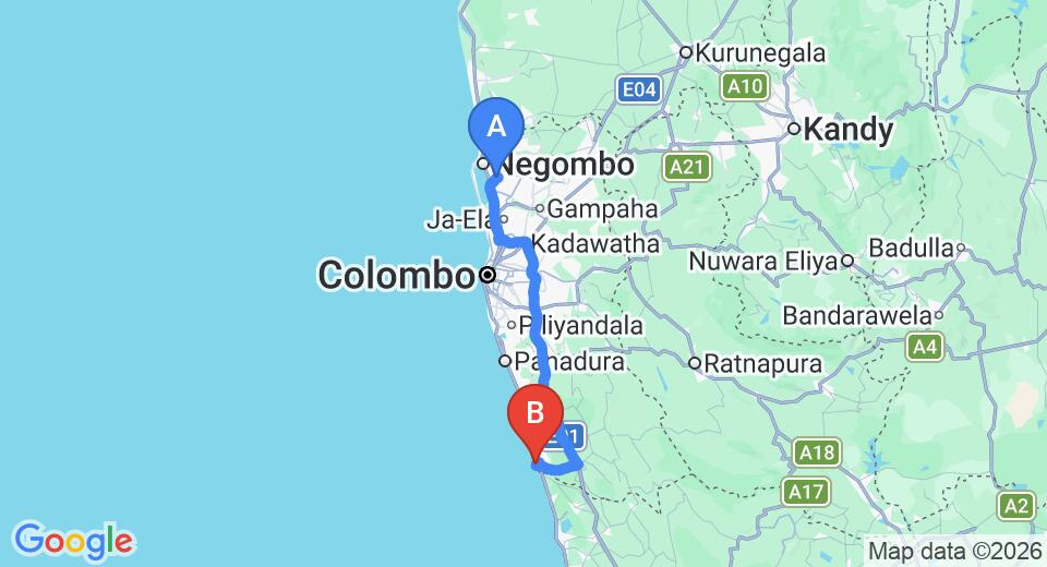 Driving route map: Colombo Airport (CMB) to Muthumuni Ayurveda Beach Resort, Beruwala (109 km, approx 1 h 44 min private transfer)