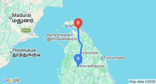 Driving route map: Anuradhapura to Elephant Pass (147 km, approx 2 h 47 min private transfer)