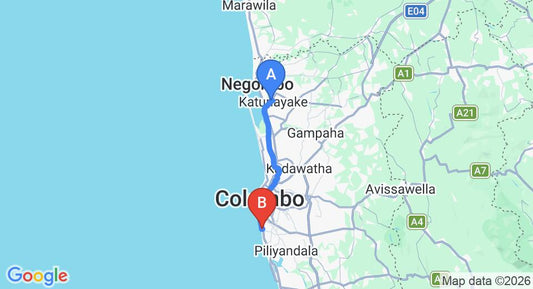 Driving route map: Colombo Airport (CMB) to Dehiwala (41 km, approx 1 h 1 min private transfer)