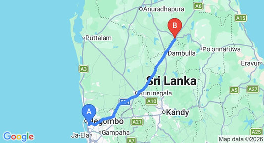 Driving route map: Colombo Airport (CMB) to Hiriwadunna (149 km, approx 3 h 12 min private transfer)