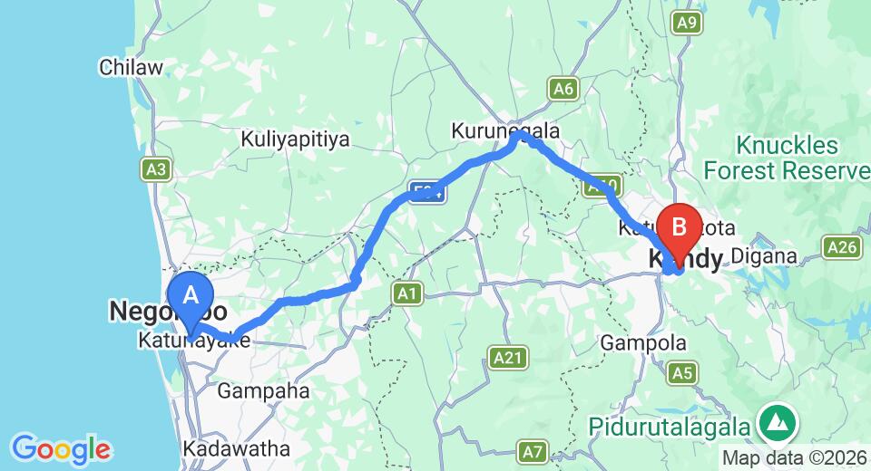 Driving route map: Colombo Airport (CMB) to Idyllic Vista,, Kandy (116 km, approx 2 h 57 min private transfer)