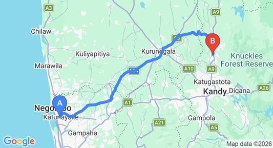 Driving route map: Colombo Airport (CMB) to IBIS Lodge, Matale (123 km, approx 2 h 53 min private transfer)