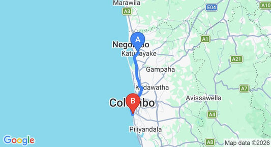 Driving route map: Colombo Airport (CMB) to Kohuwala Purana Vihara, Wellawatte (39 km, approx 58 min private transfer)