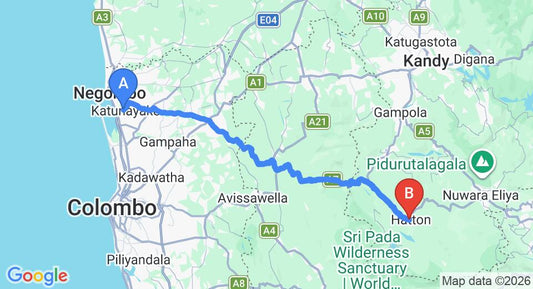 Driving route map: Colombo Airport (CMB) to Rest House - Hatton, Hatton (115 km, approx 3 h 32 min private transfer)