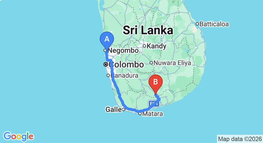 Driving route map: Colombo Airport (CMB) to Lake View Lanka Guesthouse, Embilipitiya (245 km, approx 3 h 16 min private transfer)