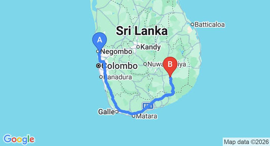 Driving route map: Colombo Airport (CMB) to The Well House, Galapita (320 km, approx 4 h 22 min private transfer)