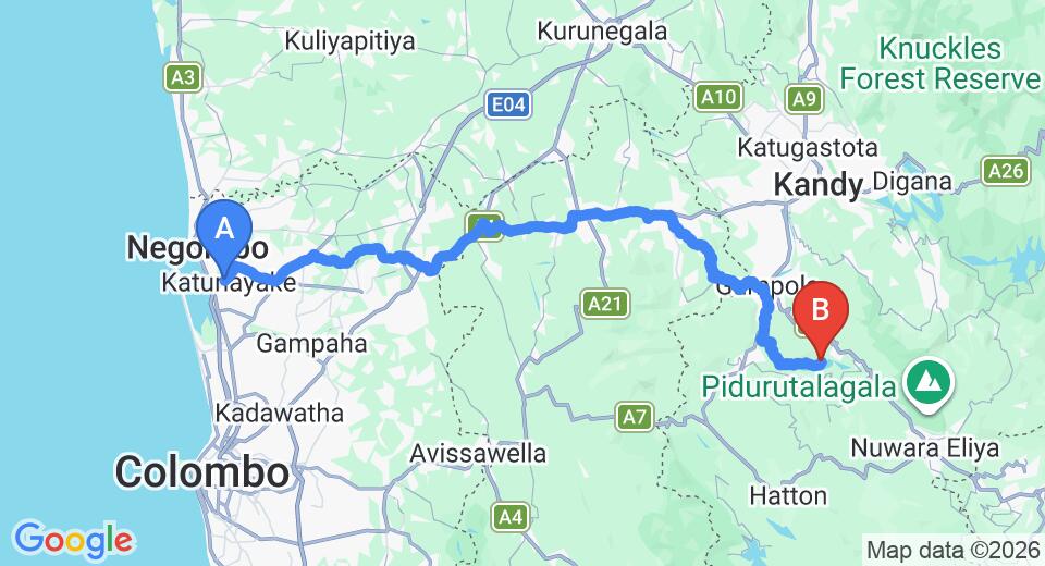 Driving route map: Colombo Airport (CMB) to Mas Villa by FOX Resorts, Kothmale (127 km, approx 3 h 47 min private transfer)