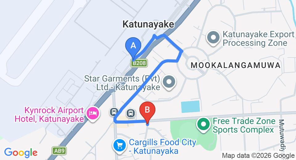 Driving route map: Colombo Airport (CMB) to Airport Kings Gate Transit Hotel, Katunayake (2 km, approx 6 min private transfer)