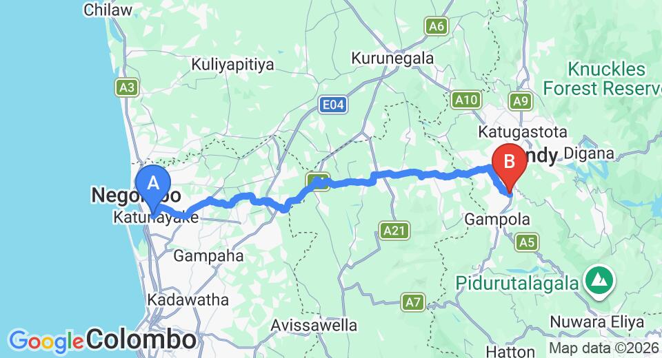 Driving route map: Colombo Airport (CMB) to Margaret Villa, Kandy (102 km, approx 3 h 1 min private transfer)