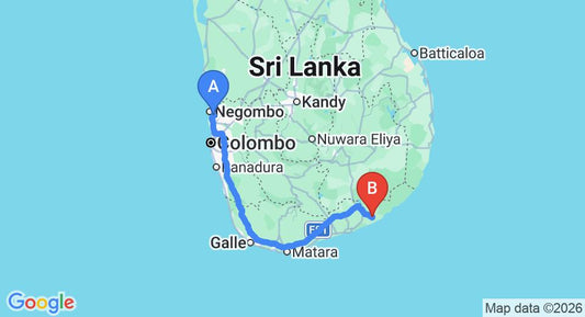 Driving route map: Colombo Airport (CMB) to Thaulle Resort, Tissamaharama (283 km, approx 3 h 51 min private transfer)