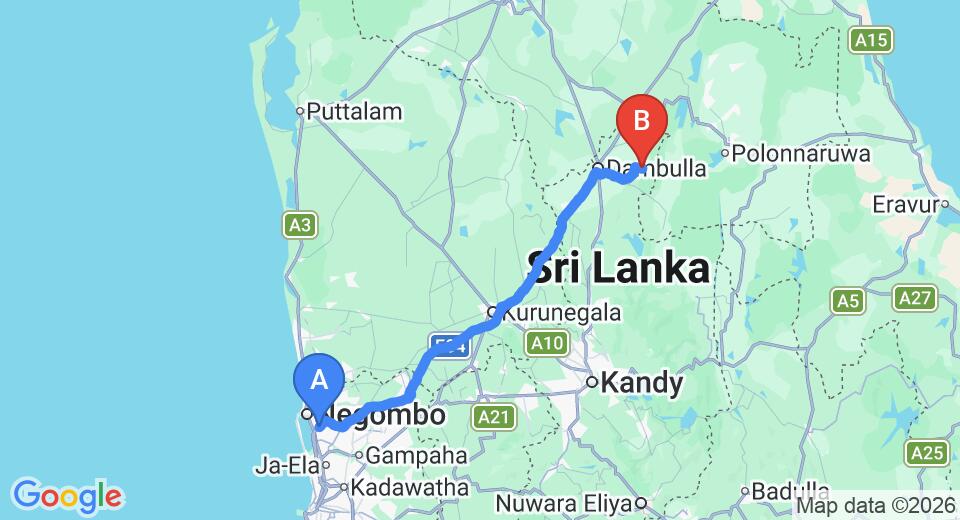 Driving route map: Colombo Airport (CMB) to Wasgamuwa Safari Sri Lanka - Holiday Bungalows, Wasgamuwa (146 km, approx 3 h 14 min private transfer)