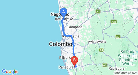 Driving route map: Colombo Airport (CMB) to Bandaragama (66 km, approx 1 h 2 min private transfer)