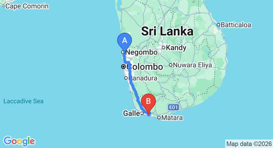 Driving route map: Colombo Airport (CMB) to Tri, Koggala (164 km, approx 2 h 20 min private transfer)