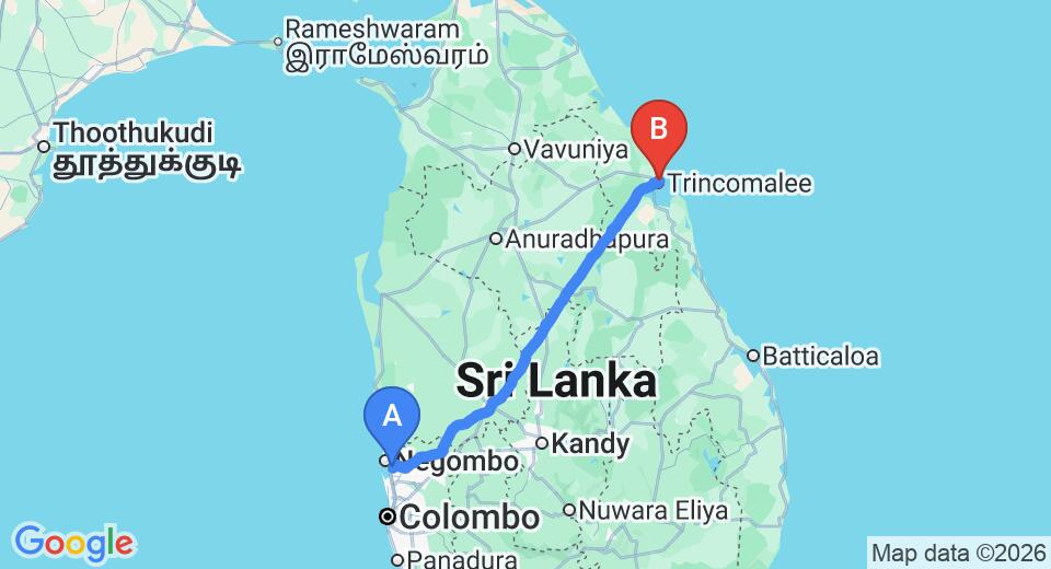 Driving route map: Colombo Airport (CMB) to Hotel Tobiko, Trincomalee (237 km, approx 4 h 48 min private transfer)