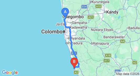 Driving route map: Colombo Airport (CMB) to Lanka Masks, Ambalangoda (130 km, approx 1 h 59 min private transfer)