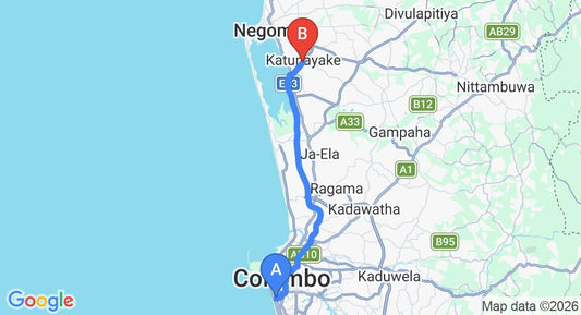 Driving route map: Bambalapitiya to Colombo Airport (CMB) (35 km, approx 43 min private transfer)