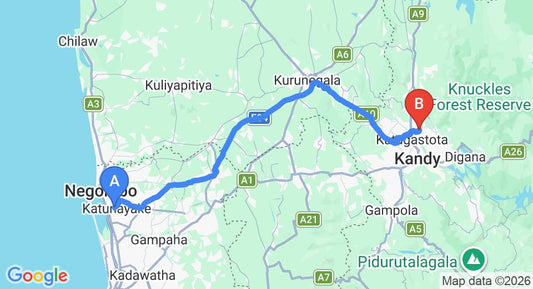 Driving route map: Colombo Airport (CMB) to Jambugahapitiya (116 km, approx 2 h 53 min private transfer)