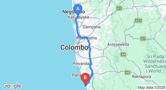 Driving route map: Colombo Airport (CMB) to Waskaduwa (78 km, approx 1 h 22 min private transfer)