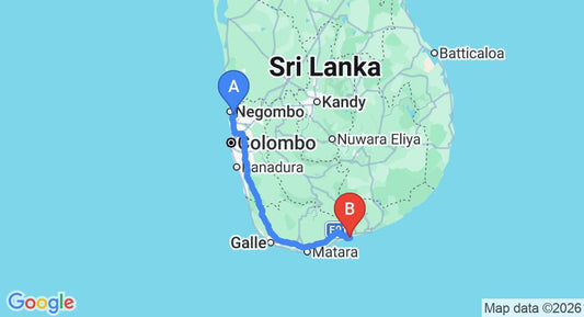 Driving route map: Colombo Airport (CMB) to Ceu Ceylon, Kalametiya (229 km, approx 3 h 8 min private transfer)